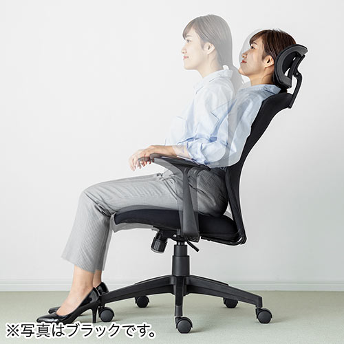 メッシュチェア（ロッキング・ハイバック・ヘッドレスト・肘掛け付き・ホワイトフレーム・ヘッドレスト・背もたれグレー）