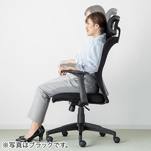 メッシュチェア（ロッキング・ハイバック・ヘッドレスト・肘掛け付き・ホワイトフレーム・ヘッドレスト・背もたれグレー）