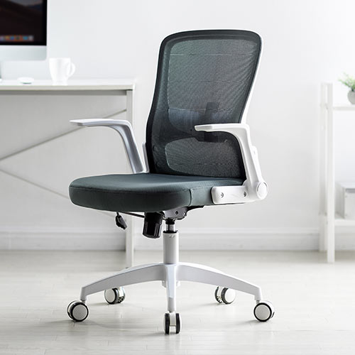 メッシュチェア（オフィスチェア・ホワイトフレーム・ミドルバック・ロッキング・ランバーサポート・グレー）