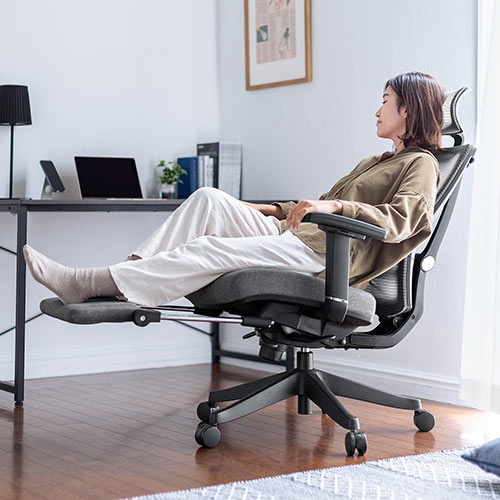 メッシュチェア 2点稼動ロッキング（リクライニング ハイバック オットマン 座面スライド アームレスト ヘッドレスト ランバーサポート）