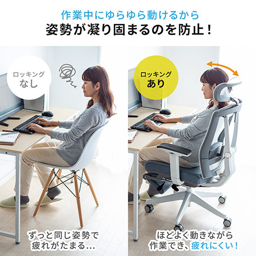 メッシュチェア 2点稼動ロッキング（リクライニング ハイバック オットマン 座面スライド アームレスト ヘッドレスト ランバーサポート）