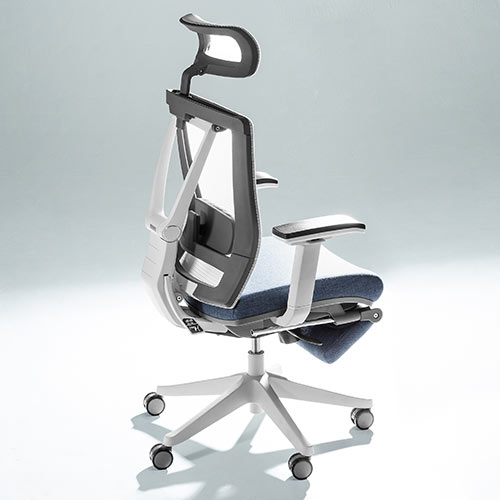 メッシュチェア（ハイバック・ロッキング・収納式オットマン・ランバーサポート・ヘッドレスト・ホワイトフレーム・ブルー）