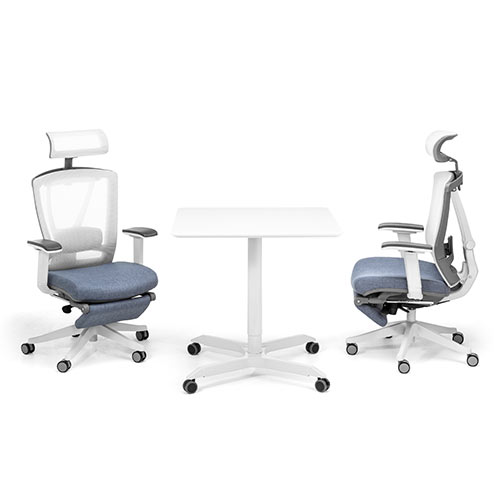 メッシュチェア（ハイバック・ロッキング・収納式オットマン・ランバーサポート・ヘッドレスト・ホワイトフレーム・ブルー）