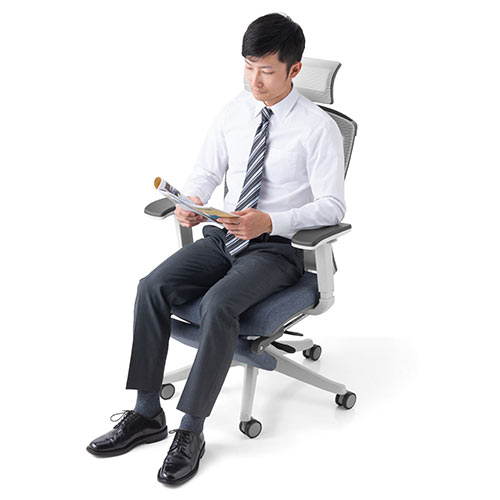 メッシュチェア（ハイバック・ロッキング・収納式オットマン・ランバーサポート・ヘッドレスト・ホワイトフレーム・ブルー）