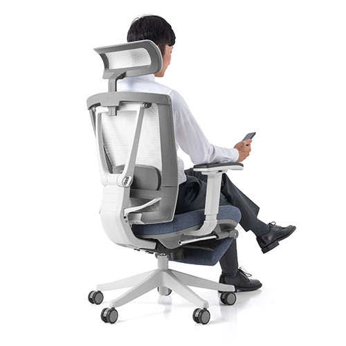 メッシュチェア（ハイバック・ロッキング・収納式オットマン・ランバーサポート・ヘッドレスト・ホワイトフレーム・ブルー）