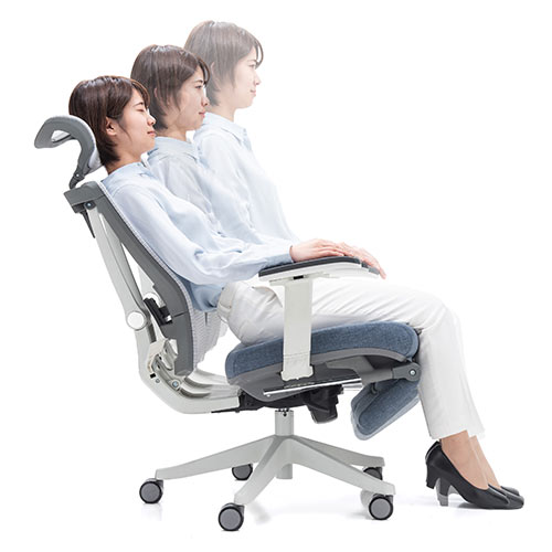 メッシュチェア（ハイバック・ロッキング・収納式オットマン・ランバーサポート・ヘッドレスト・ホワイトフレーム・ブルー）