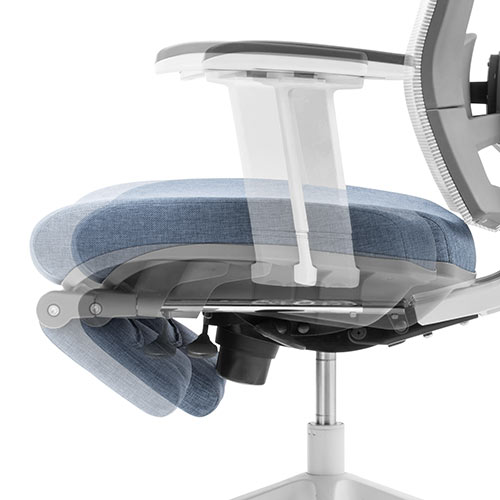 メッシュチェア（ハイバック・ロッキング・収納式オットマン・ランバーサポート・ヘッドレスト・ホワイトフレーム・ブルー）