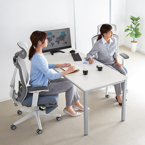 メッシュチェア（ハイバック・ロッキング・収納式オットマン・ランバーサポート・ヘッドレスト・ホワイトフレーム・ブルー）