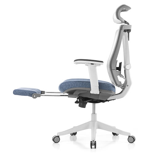 メッシュチェア（ハイバック・ロッキング・収納式オットマン・ランバーサポート・ヘッドレスト・ホワイトフレーム・ブルー）