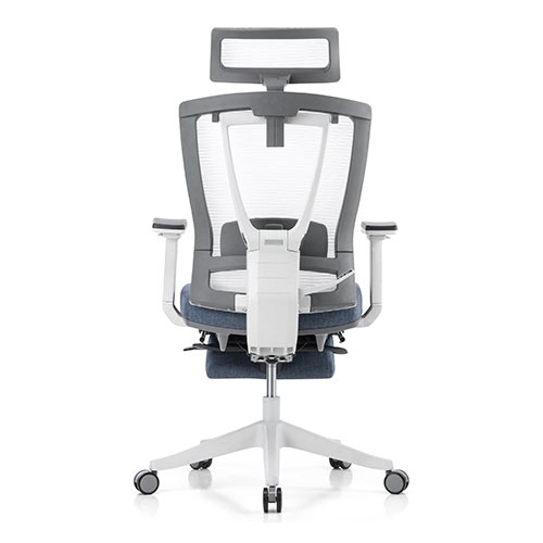 メッシュチェア（ハイバック・ロッキング・収納式オットマン・ランバーサポート・ヘッドレスト・ホワイトフレーム・ブルー）