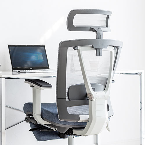 メッシュチェア（ハイバック・ロッキング・収納式オットマン・ランバーサポート・ヘッドレスト・ホワイトフレーム・ブルー）