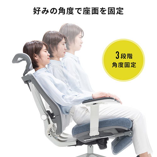 メッシュチェア（ハイバック・ロッキング・収納式オットマン・ランバーサポート・ヘッドレスト・ホワイトフレーム・ブルー）