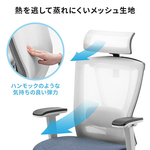 メッシュチェア（ハイバック・ロッキング・収納式オットマン・ランバーサポート・ヘッドレスト・ホワイトフレーム・ブルー）