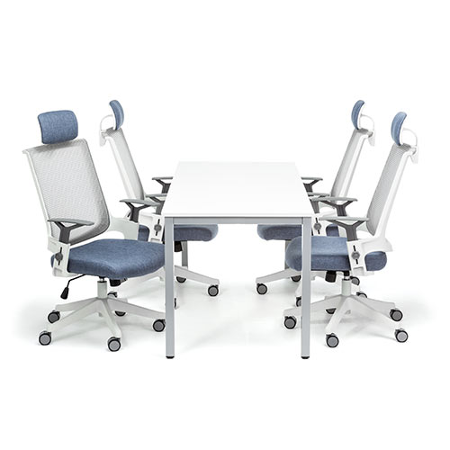 メッシュチェア（ロッキング・ハイバック・ヘッドレスト着脱可能・肘掛け付き・ホワイトフレーム・ウレタンキャスター・ブルー）