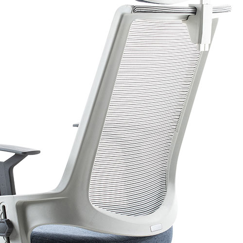 メッシュチェア（ロッキング・ハイバック・ヘッドレスト着脱可能・肘掛け付き・ホワイトフレーム・ウレタンキャスター・ブルー）