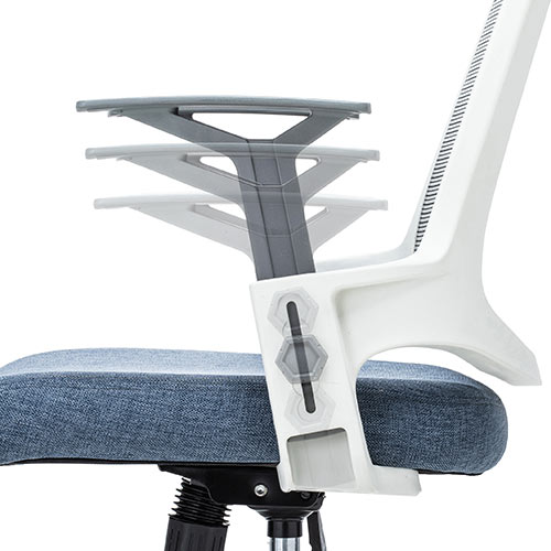 メッシュチェア（ロッキング・ハイバック・ヘッドレスト着脱可能・肘掛け付き・ホワイトフレーム・ウレタンキャスター・ブルー）