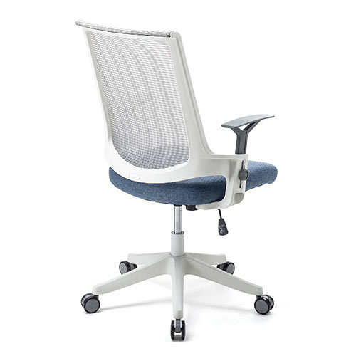 メッシュチェア（ロッキング・ハイバック・ヘッドレスト着脱可能・肘掛け付き・ホワイトフレーム・ウレタンキャスター・ブルー）