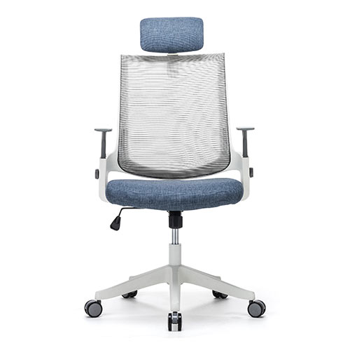 メッシュチェア（ロッキング・ハイバック・ヘッドレスト着脱可能・肘掛け付き・ホワイトフレーム・ウレタンキャスター・ブルー）