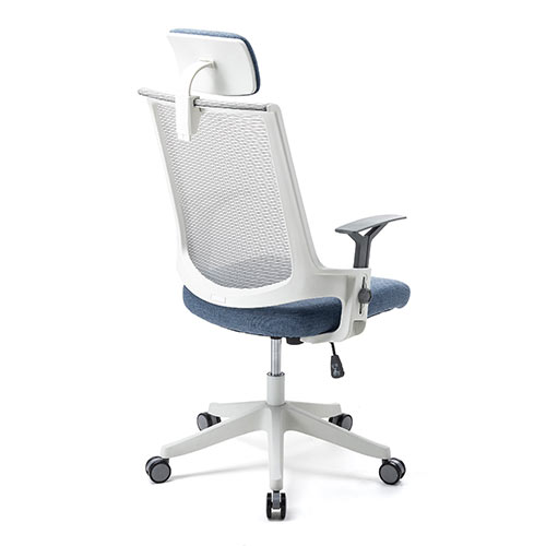 メッシュチェア（ロッキング・ハイバック・ヘッドレスト着脱可能・肘掛け付き・ホワイトフレーム・ウレタンキャスター・ブルー）