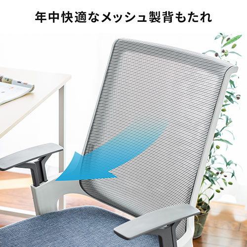 メッシュチェア（ロッキング・ハイバック・ヘッドレスト着脱可能・肘掛け付き・ホワイトフレーム・ウレタンキャスター・ブルー）