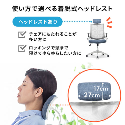 メッシュチェア（ロッキング・ハイバック・ヘッドレスト着脱可能・肘掛け付き・ホワイトフレーム・ウレタンキャスター・ブルー）