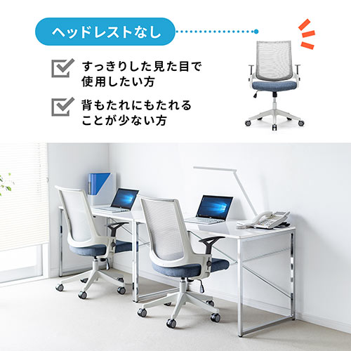 メッシュチェア（ロッキング・ハイバック・ヘッドレスト着脱可能・肘掛け付き・ホワイトフレーム・ウレタンキャスター・ブルー）