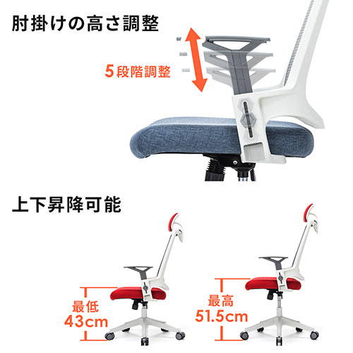 メッシュチェア（ロッキング・ハイバック・ヘッドレスト着脱可能・肘掛け付き・ホワイトフレーム・ウレタンキャスター・レッド）
