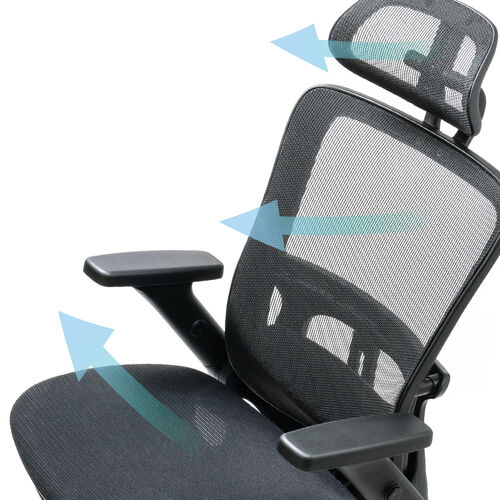 メッシュチェア（オールメッシュ・シンクロロッキング・跳ね上げアームレスト・薄型オットマン・ランバーサポート）