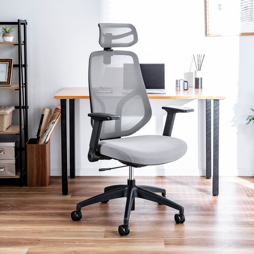 メッシュチェア（体重感知式ロッキング・ミドルバック・ヘッドレスト・可動式アームレスト・モールドウレタン座面・グレー）