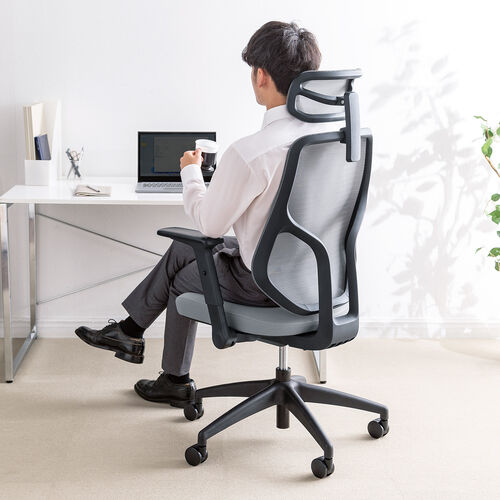 メッシュチェア（体重感知式ロッキング・ミドルバック・ヘッドレスト・可動式アームレスト・モールドウレタン座面・グレー）
