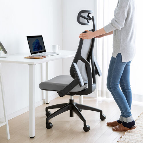 メッシュチェア（体重感知式ロッキング・ミドルバック・ヘッドレスト・可動式アームレスト・モールドウレタン座面・グレー）