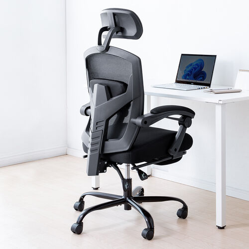 メッシュチェア（リクライニング・最大傾斜角120°・収納式オットマン・ヘッドレスト・ランバーサポート・アームレスト）