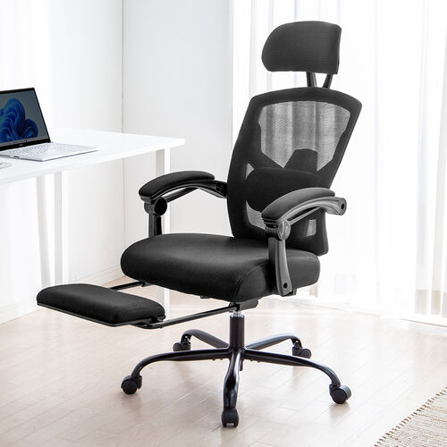 メッシュチェア（リクライニング・最大傾斜角120°・収納式オットマン・ヘッドレスト・ランバーサポート・アームレスト）