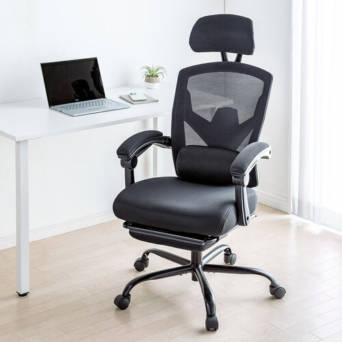 メッシュチェア（リクライニング・最大傾斜角120°・収納式オットマン・ヘッドレスト・ランバーサポート・アームレスト）