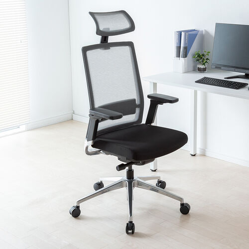 スイングチェア（ヘッドレスト付き・メッシュチェア・シンクロロッキング・耐荷重120kg・4Dアームレスト・大型ウレタンキャスター）