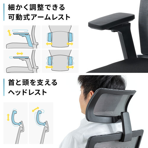 スイングチェア（ヘッドレスト付き・メッシュチェア・シンクロロッキング・耐荷重120kg・4Dアームレスト・大型ウレタンキャスター）