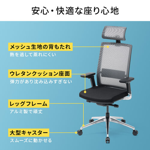 スイングチェア（ヘッドレスト付き・メッシュチェア・シンクロロッキング・耐荷重120kg・4Dアームレスト・大型ウレタンキャスター）