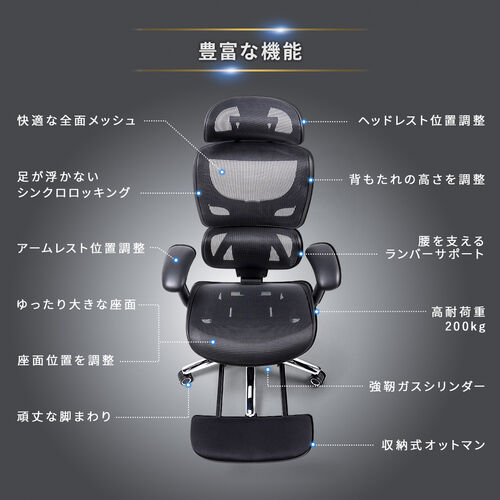高耐荷重多機能チェア（エルゴノミクスチェア・メッシュチェア・耐荷重200kg・シンクロロッキング・ロッキング固定・スライド式オットマン・背もたれ上下可動・3Dアームレスト）