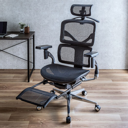 高性能メッシュチェア（耐荷重125kg・シンクロロッキング・収納式オットマン・座面スライド・ランバーサポート・4Dアームレスト・ハンガー付き）
