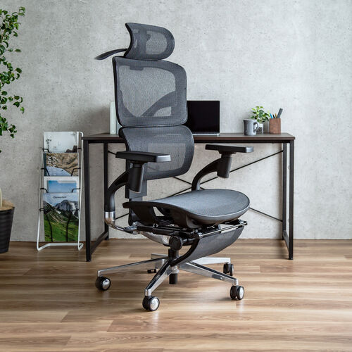 高性能メッシュチェア（耐荷重125kg・シンクロロッキング・収納式オットマン・座面スライド・ランバーサポート・4Dアームレスト・ハンガー付き）