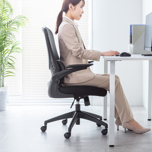 メッシュチェア（オフィスチェア・背もたれ分離式・ロッキング・肘跳ね上げ・ミドルバック・ランバーサポート・キャスター付き）