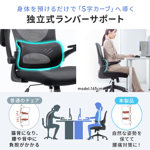 メッシュチェア（オフィスチェア・背もたれ分離式・ロッキング・肘跳ね上げ・ミドルバック・ランバーサポート・キャスター付き）