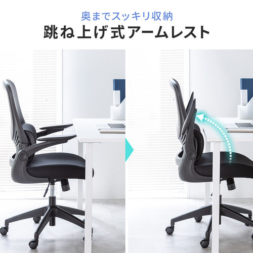 メッシュチェア（オフィスチェア・背もたれ分離式・ロッキング・肘跳ね上げ・ミドルバック・ランバーサポート・キャスター付き）