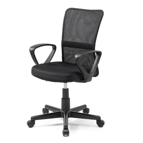 オフィスチェア（事務椅子・アームレスト付き・コンパクト・ランバーサポート・ミドルバック・キャスター付き・ブラック）