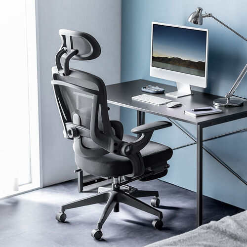 メッシュチェア（オフィスチェア・オットマン付き・ロッキング・跳ね上げアームレスト・ランバーサポート・ヘッドレスト付き・キャスター・ブラック）