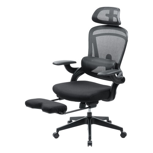 メッシュチェア（オフィスチェア・オットマン付き・ロッキング・跳ね上げアームレスト・ランバーサポート・ヘッドレスト付き・キャスター・ブラック）