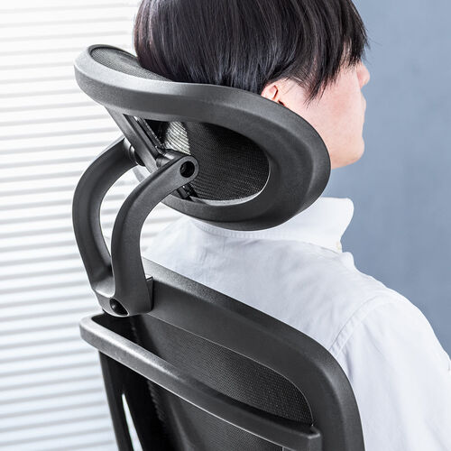 メッシュチェア（オフィスチェア・オットマン付き・ロッキング・跳ね上げアームレスト・ランバーサポート・ヘッドレスト付き・キャスター・ブラック）