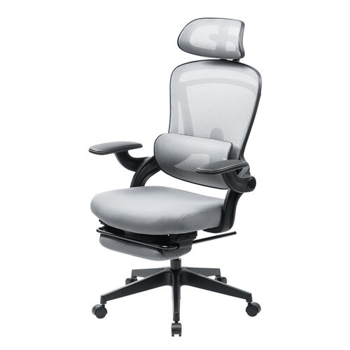 メッシュチェア（オフィスチェア・オットマン付き・ロッキング・跳ね上げアームレスト・ランバーサポート・ヘッドレスト付き・キャスター・グレー）