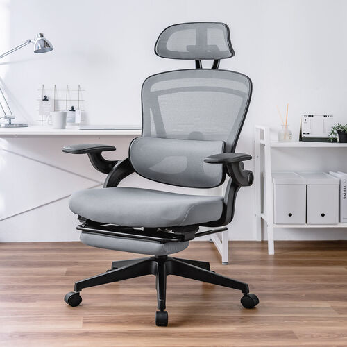 メッシュチェア（オフィスチェア・オットマン付き・ロッキング・跳ね上げアームレスト・ランバーサポート・ヘッドレスト付き・キャスター・グレー）