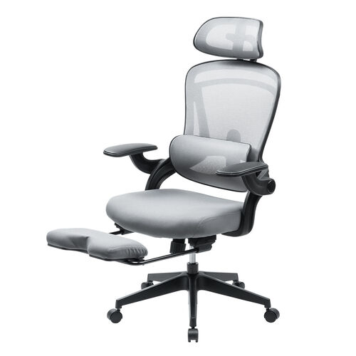 メッシュチェア（オフィスチェア・オットマン付き・ロッキング・跳ね上げアームレスト・ランバーサポート・ヘッドレスト付き・キャスター・グレー）